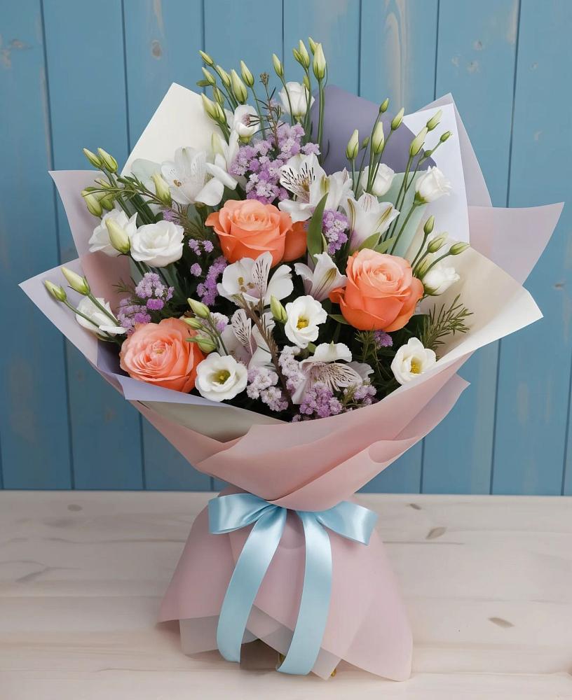 Букет цветов из: Лизиантусы, Розы, Альстромерии и Гипсофила в Северской
