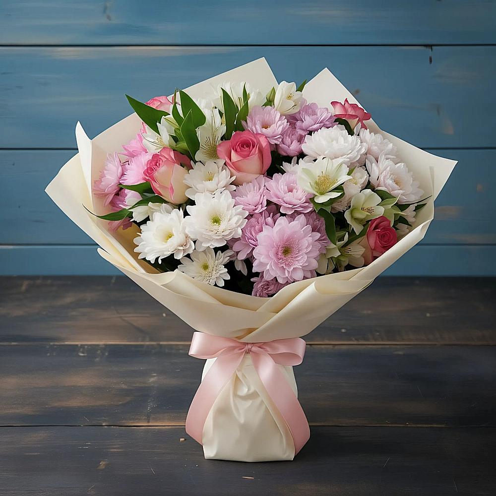 Букет цветов из: Хризантемы, Альстромерии и Розы в Северской